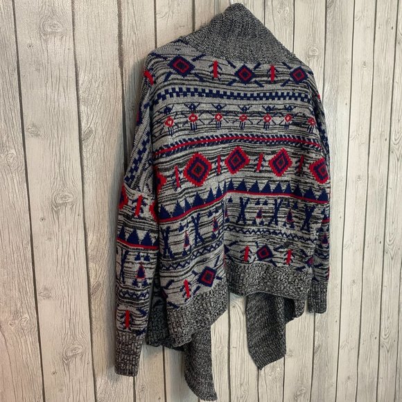 Roxy Grey/Red/Blue Aztec Print Oversized Knit Open Draped Cardigan Sweater Small - Picture 9 of 11